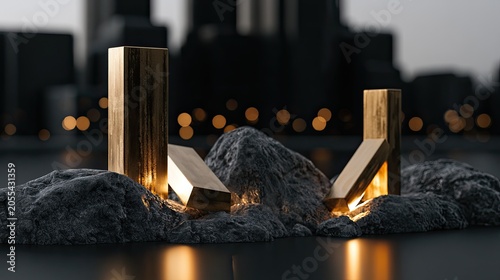 Geometric gold forms interact with rugged rocks under a twilight cityscape