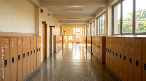 Empty school hallway interior with rows of brown lockers. Bright high school corridor with shiny floor, windows, and doors during break or after class.