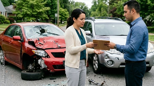Car crash scene with people exchanging insurance claim form damaged vehicle