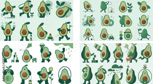 Set of cartoon avocado characters in various poses and activities  fun food illustrations