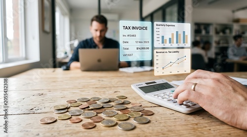 Tax invoice and financial data overlay with man working and calculator