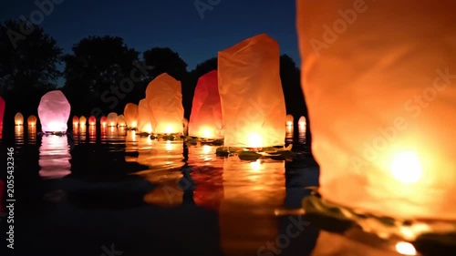 Glowing sky lanterns floating on water at dusk reflecting light in the dark