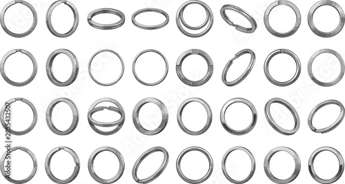 Schilderij op canvas Metal Split Keychain Ring Vector Set with Chrome Key Rings in Various Rotations