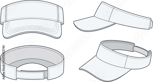 Foto White Sun Visor Hat Vector Mockup Set with Front, Side, Back, and Angled Views f
