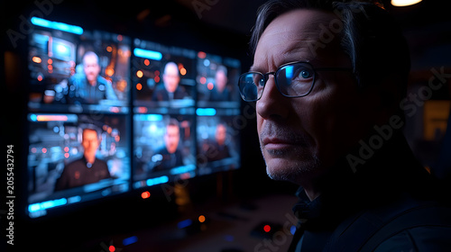 Man in front of multiple screens.