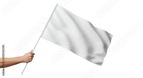 Hand holding white blank flag waving on a isolated transparent background png