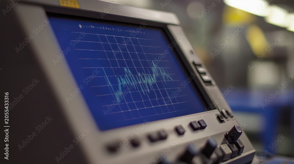 Fototapeta premium Digital oscilloscope displaying waveform patterns in a lab setting