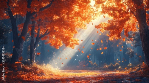 Autumnal Forest Path with Sunbeams and Falling Leaves.
