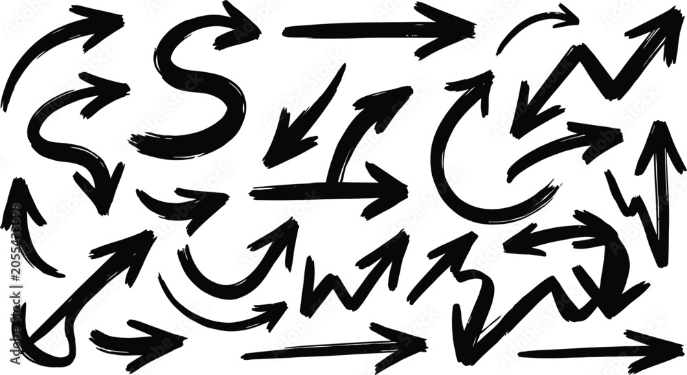 Fototapeta premium Collection of hand drawn black arrows with various directions on a white background