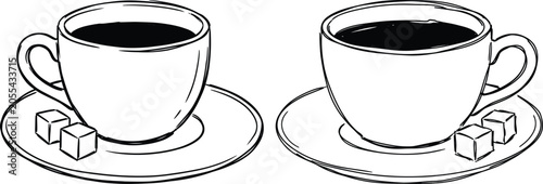 Εκτύπωση καμβά Two cups of coffee with sugar cubes line art illustration on a white background