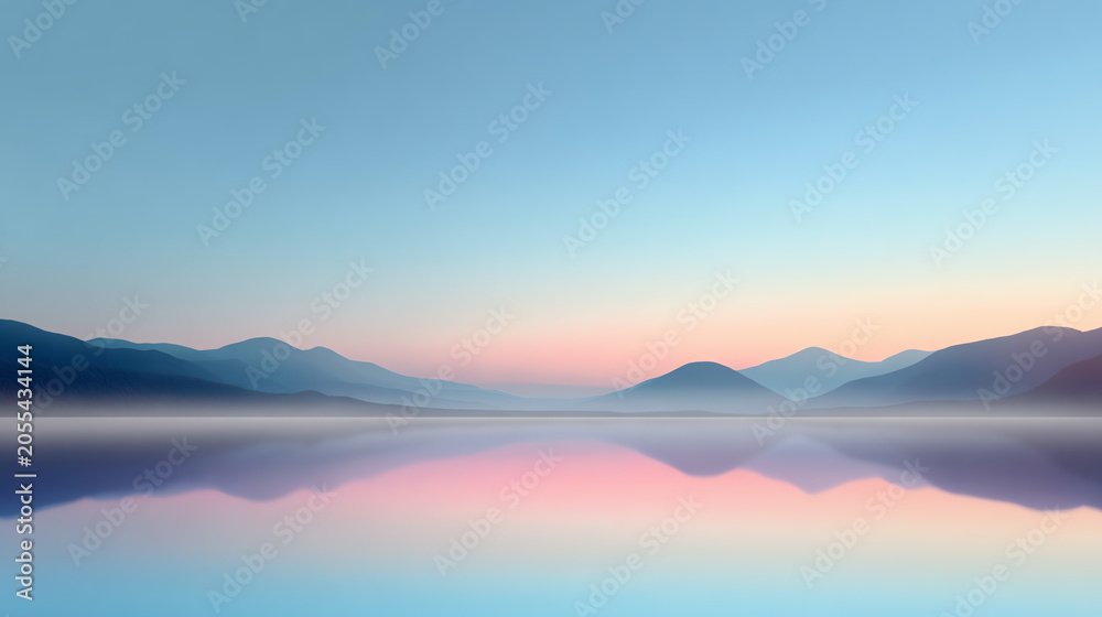 Fototapeta premium A serene landscape featuring tranquil mountains reflected in calm water under a pastel sky at dawn, evoking peace and tranquility.