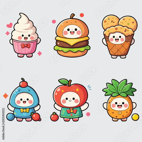 Kawaii Food Characters Elements Collection
