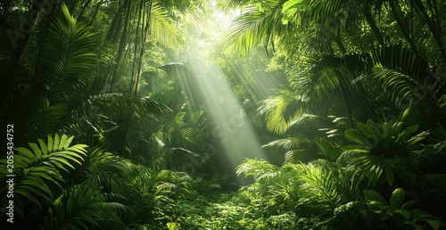 Lush Jungle Canopy with Sunlight Streaming Through the Foliage.