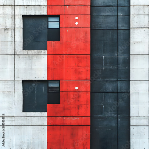 Modern building facade with red panels.