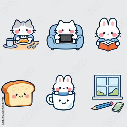 Cute Cat and Rabbit Daily Life Illustration Set