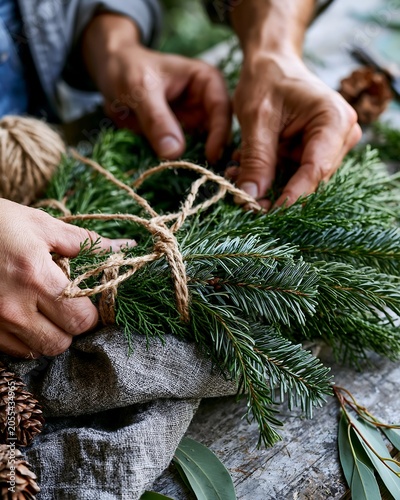 Hands Arrange Green Branches and Pinecones for Natural Home Decor Craft