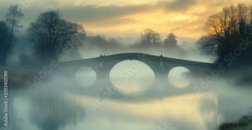 Mystical Bridge Over Waterway Enshrouded in Fog at Sunrise.