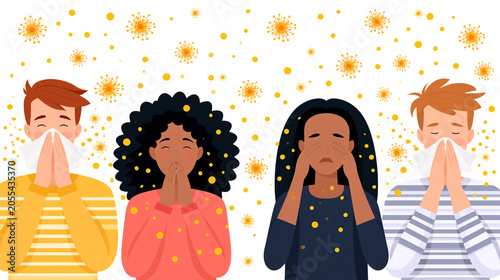 Illustration of people suffering from pollen allergy with sneezing watery eyes and airborne allergens highlighting seasonal allergic reactions respiratory symptoms and public health awareness