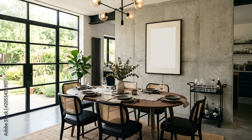 Dining room setting with chairs arranged around an oval table featuring tableware and a vase with dried plants a large window showing greenery and a blank picture frame on a concrete wall