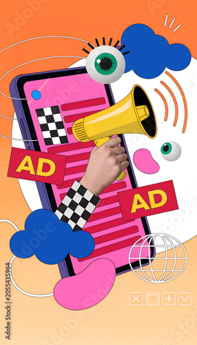 Contemporary art collage. Modern design. Hand with megaphone sticking out on phone screen with space for advertisement. Concept of internet shopping, World Wide Web and advertising.