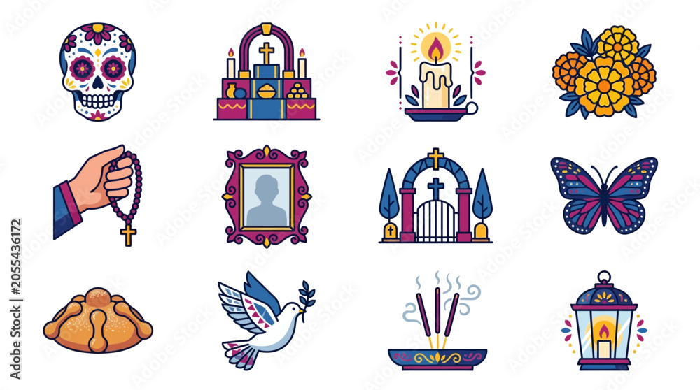 Fototapeta premium Day of the Dead Icons: Sugar Skull, Altar, Candle, Marigolds, Rosary, Photo Frame, Gate, Butterfly