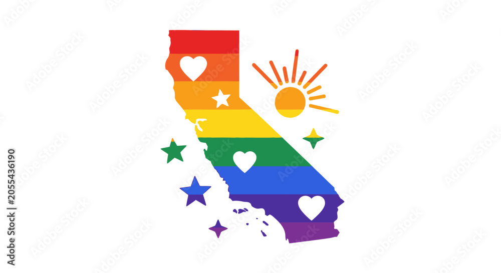 Naklejka premium California State Map Outline Filled with Pride Rainbow Flag Colors.