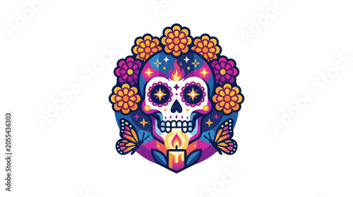 Fotografie Day of the Dead Sugar Skull with Flowers and Butterflies