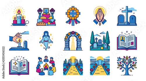 Foto Day of the Dead, Funeral, Memorial Icons Set: Candles, Altar, Wreath, Prayer, Ce