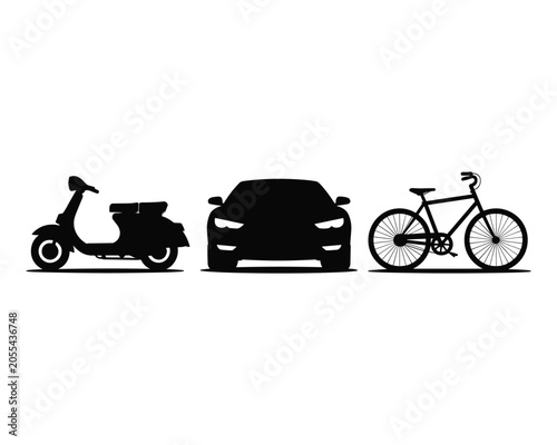 Black silhouettes of scooter car and bicycle on white background