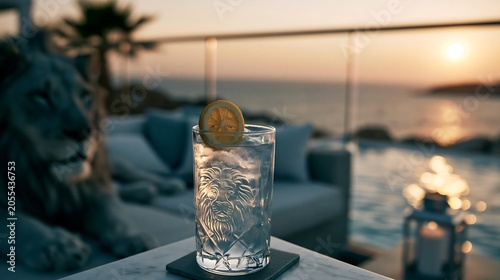 Refreshment at Sunset: Luxury Drink by Ocean with Coastal Sculpture