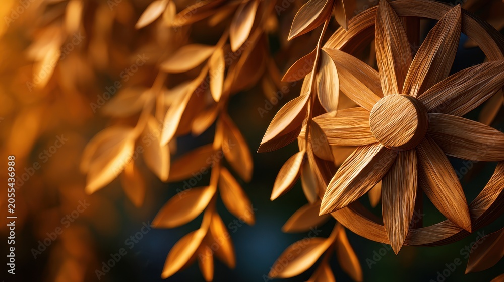Obraz premium Detailed composition of golden wooden leaves and a crafted floral wheel bathed in warm, luminous sunlight.