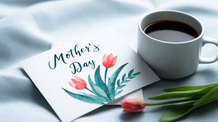 Warm Mother's Day greeting with a hand painted card, steaming coffee, and vibrant spring flowers