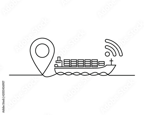 Continuous line drawing of cargo ship with location pin and signal icon