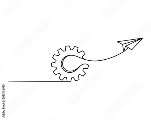 Gear cog launching paper airplane in one smooth motion line art