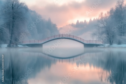 Serene Winter Landscape - Bridge Over Water with Misty Reflections.