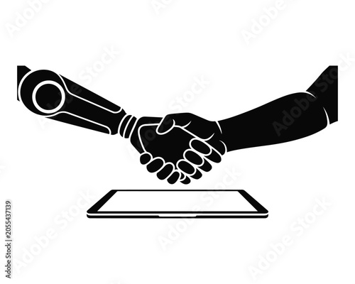 Robot and human shaking hands over a digital tablet