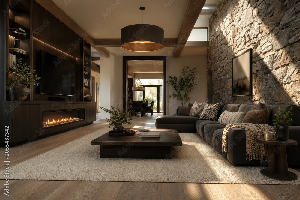Fototapeta premium Modern living room interior with fireplace, sofa, luxury furniture and contemporary home design