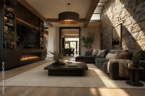 Modern living room interior with fireplace, sofa, luxury furniture and contemporary home design