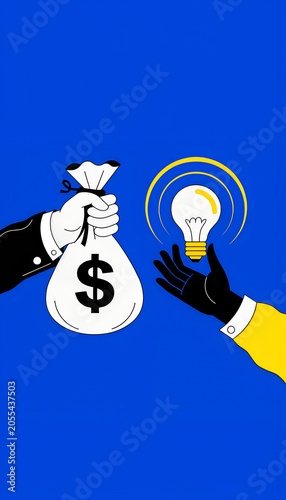 Startup supporting. Hands with dollar sign bag and light bulb over blue background, investor giving creator money.