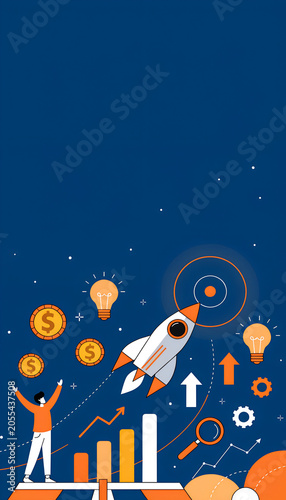 Business growth and startup concept. Leadership in increasing profits. Spaceship launching to target. Start-up. Creativity. Big idea. Business goals management. Investment on new project to wealth.