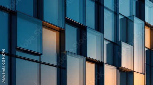 Dynamic geometric reflections on a modern glass building facade, showcasing urban architecture and abstract light interplay with blue and orange hues.