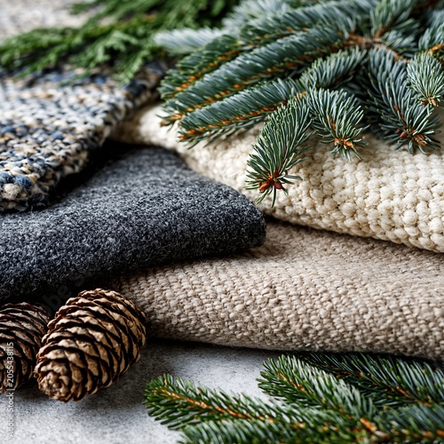 Winter Texture: Pine Branches, Pinecones, and Cozy Knitted and Woven Fabrics