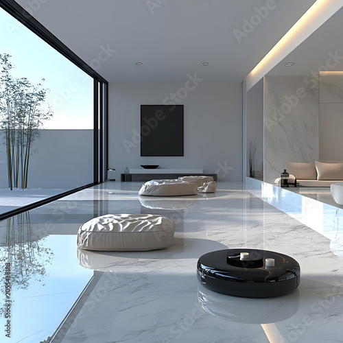 Modern living room with robot vacuum.