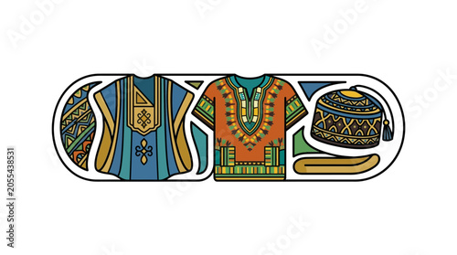Foto Illustration of traditional African clothing including dashiki shirts and a kufi cap