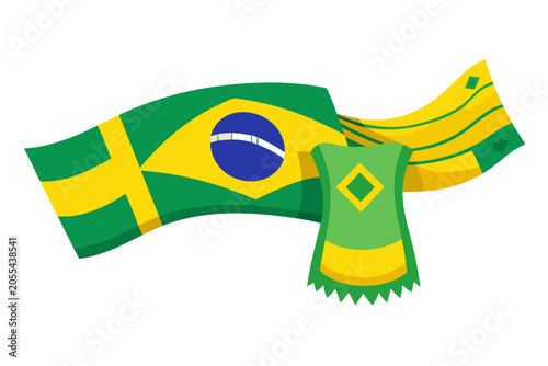 Vibrant Brazilian flag and scarf illustration in green, yellow, and blue hues, symbolizing national pride and cultural heritage with dynamic wavy design elements