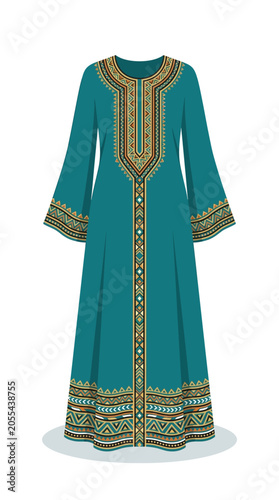 Bild auf Leinwand Elegant teal kaftan dress with intricate traditional embroidery and long sleeves