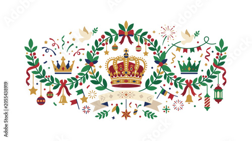 Festive Christmas crown decoration with ribbons and ornaments on white background