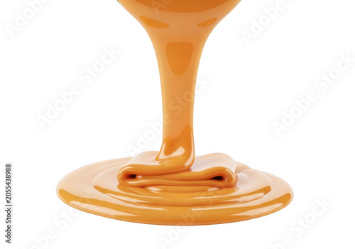 Thick caramel sauce pouring and flowing, sweet dessert ingredient