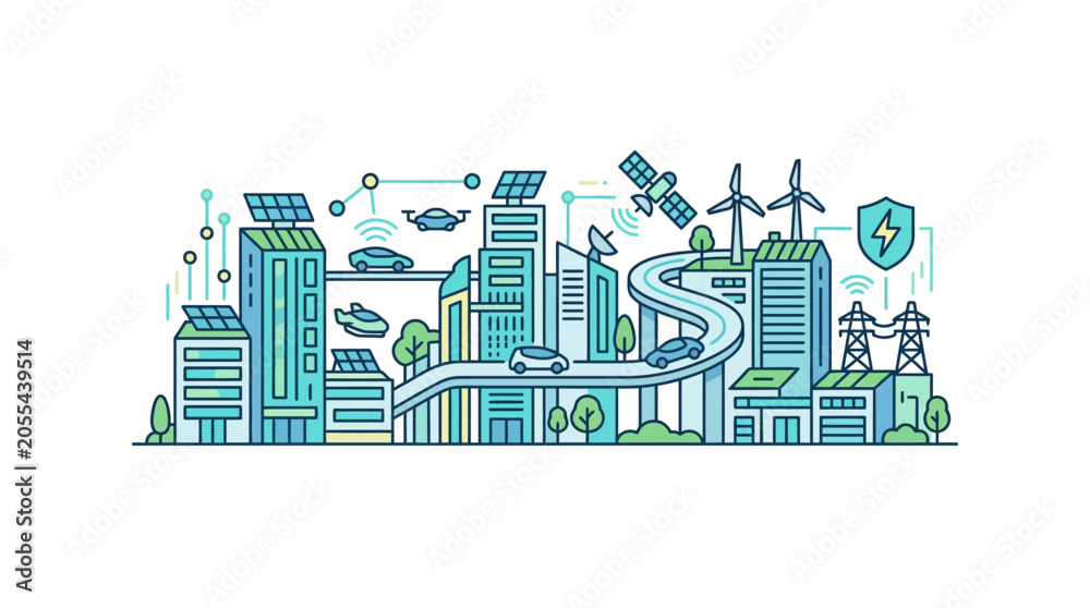 Fototapeta premium A stylized line art illustration of a modern smart city featuring sustainable infrastructure and digital connectivity.