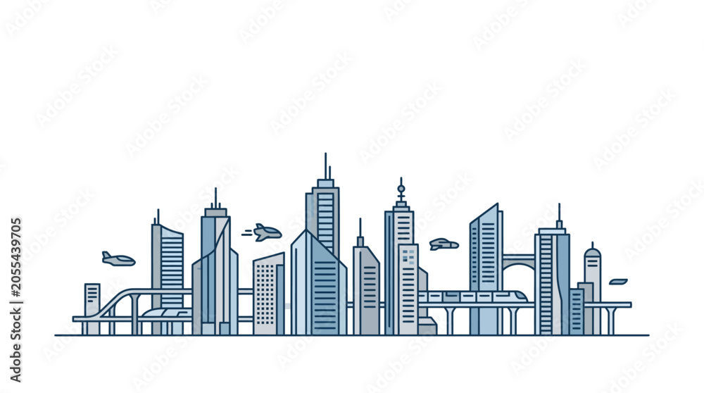 Fototapeta premium Futuristic city skyline illustration with skyscrapers and flying vehicles.